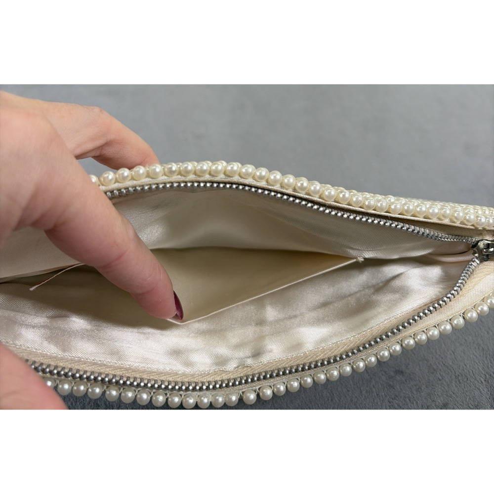 1960's Ivory & Grey Beaded Pearl Clutch Evening Hand Bag Purse Japan Vintage - Picture 13 of 13